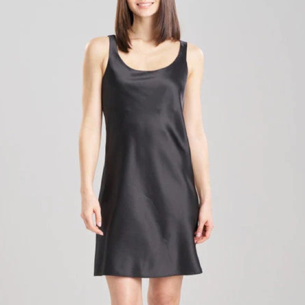 {NWT} Natori | Glamour Slit Stretch Satin Chemise Slip Dress T78060 Black (XS)